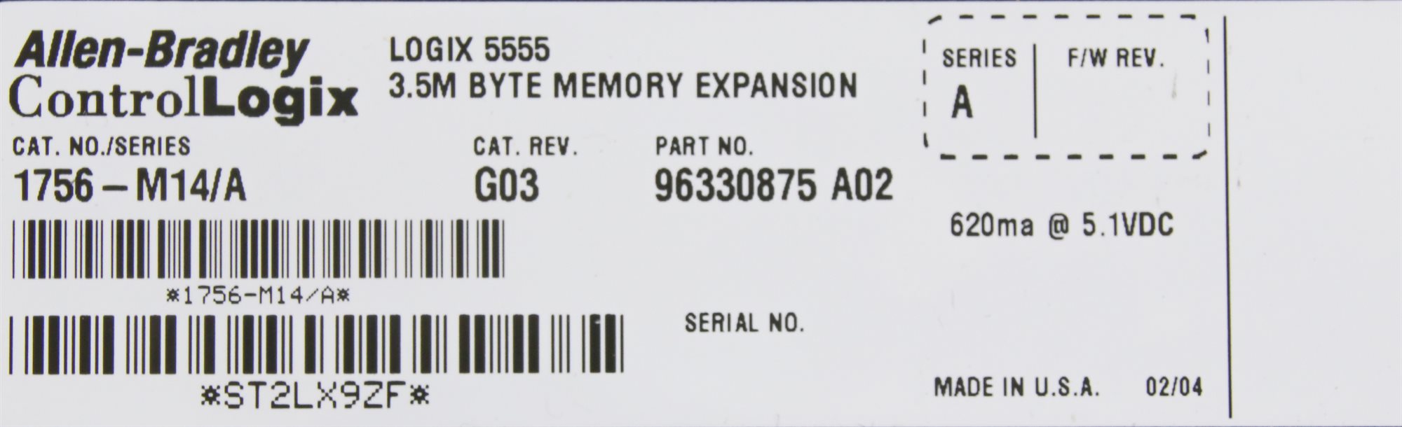 11562 ALLEN-BRADLEY LOGIX5555 BYTE MEMORY, PROCESSOR UNIT 1756-L55